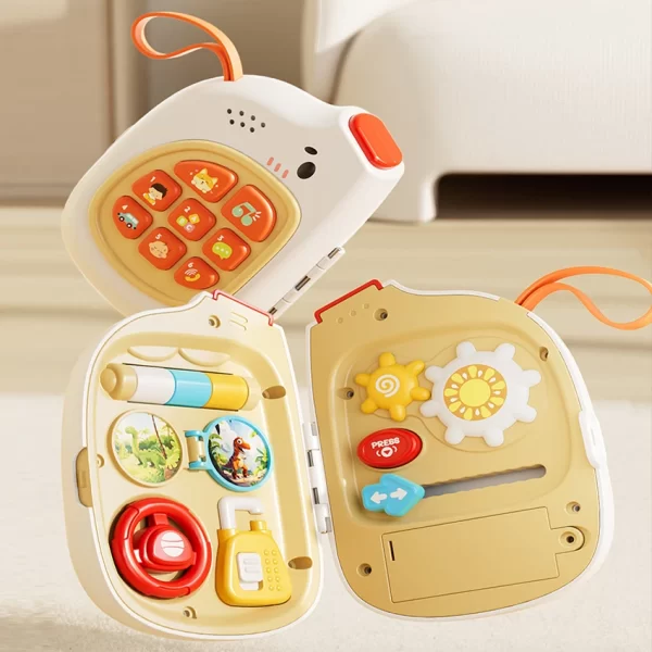 Montessori Busy Board: Multifunctional Sensory Activity Toy with Pretend Play Phone & Music Switch for Baby's Educational Travel Fun