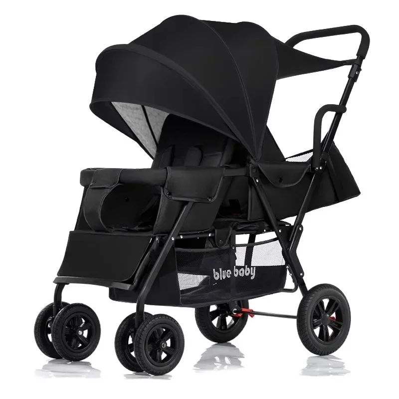 Premium Twin Baby Stroller with Removable Rear Seat, One-Key Folding, Anti-Skid Four-Wheel Shock Absorption for 0-7 Years Old