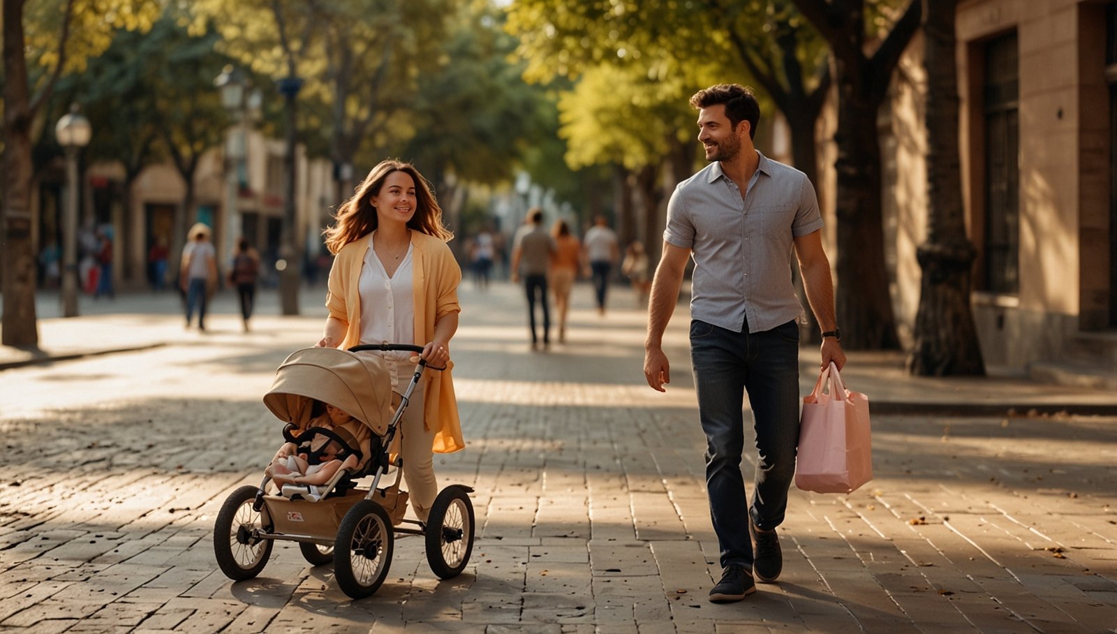 Young couple walking through a sunlit street in Barcelona, Spain, with a baby in a stroller, enjoying a relaxed urban afternoon under leafy trees.