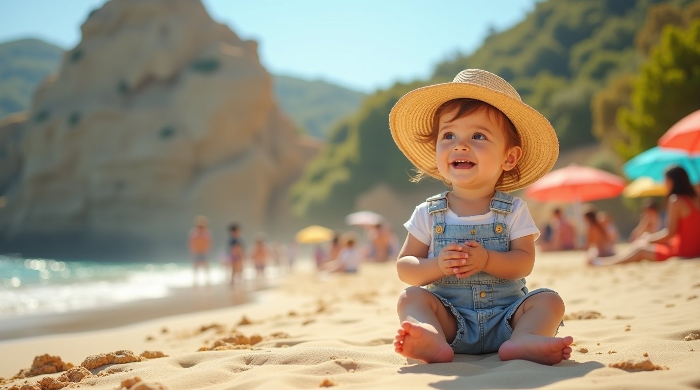 Smiling baby in a straw sun hat and denim overalls sitting on a sunny beach with colorful umbrellas and cliffs in the background, surrounded by a cheerful family atmosphere.