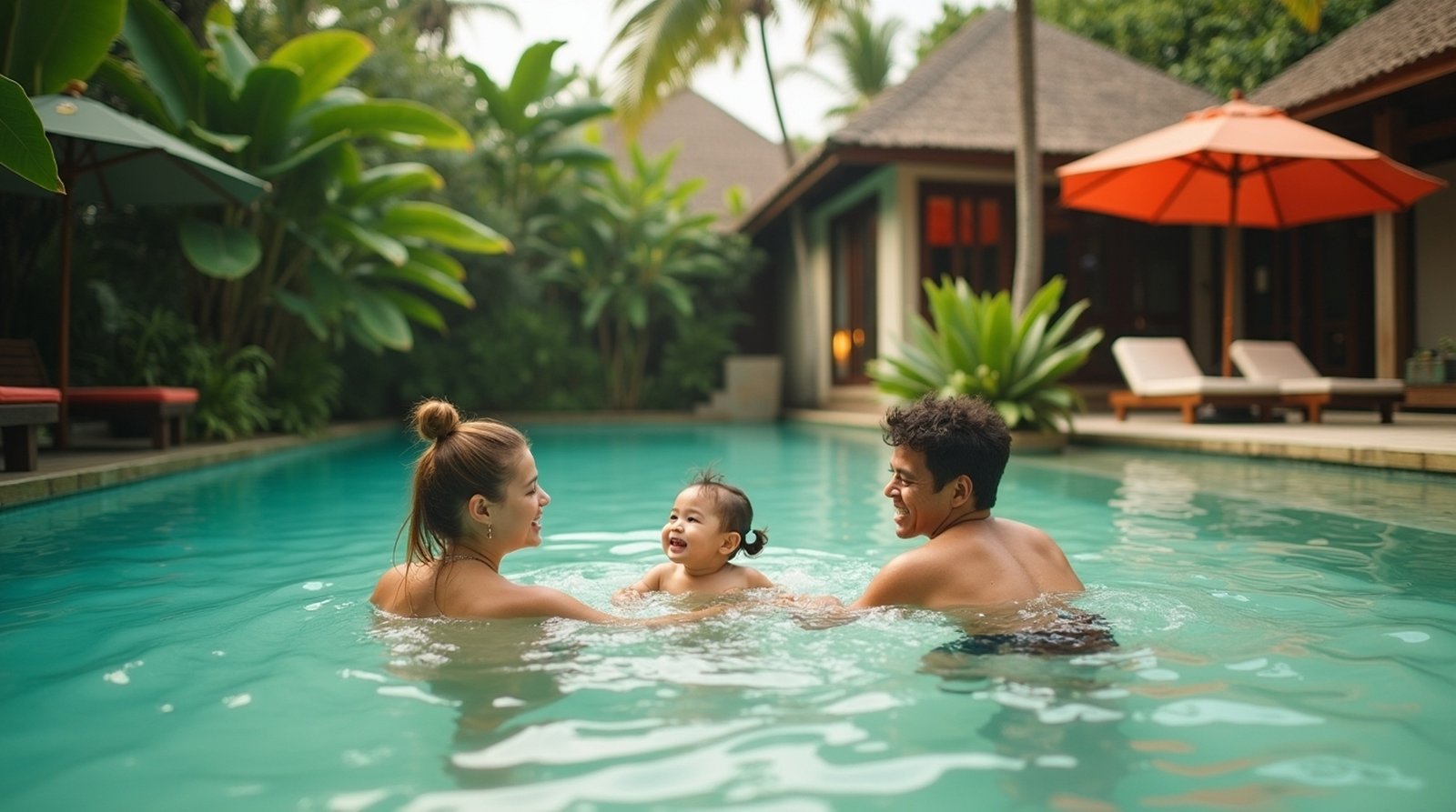 Smiling parents swimming with their baby in a tranquil private villa pool surrounded by tropical greenery in Bali, Indonesia, enjoying quality family time.