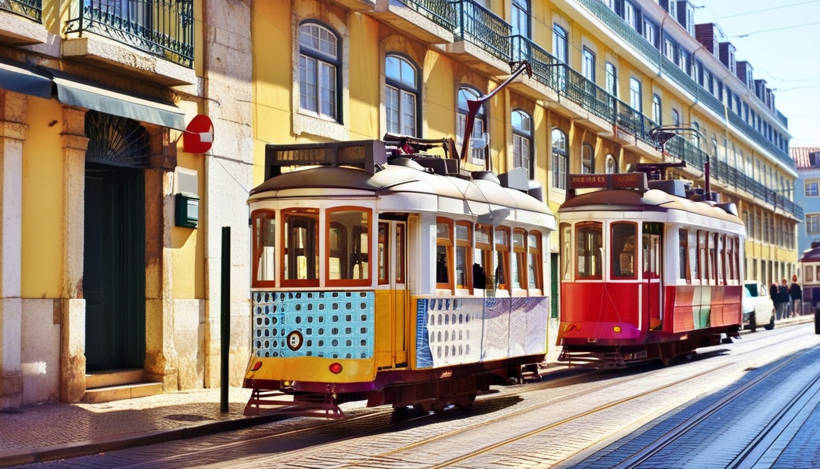 Historic yellow and red trams rolling through the sunlit, tiled streets of Lisbon, Portugal, with colorful architecture and stroller-friendly walkways.