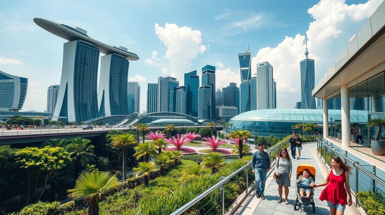 Young family strolling with a baby in a stroller along a modern, landscaped pathway in Singapore with Marina Bay Sands and the city skyline in the background.
