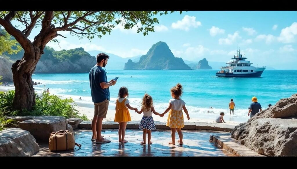Father with three young daughters enjoying a tropical beach vacation, gazing at the ocean and a cruise ship under a bright blue sky with island cliffs in the background.